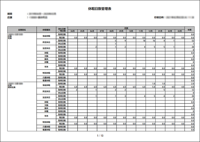 休暇日数管理表イメージ