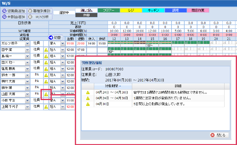 計画段階での労務アラート機能画面イメージ