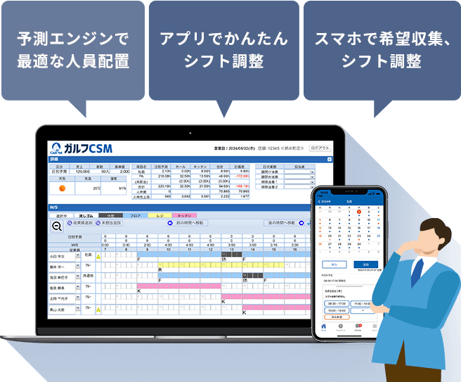 シフト作成にかかる時間を大幅削減・AIによる最適な人員配置を提案・アプリ連携でコミュニケーションコストを削減