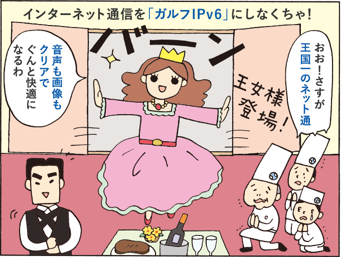 ３コマ目：＜王女様登場＞バーン！「インターネット通信を「ガルフIPv6」にしなくちゃ！音声も画像もクリアでぐっと快適になるわ！」・・・「おお！さすが王国一のネット通！」