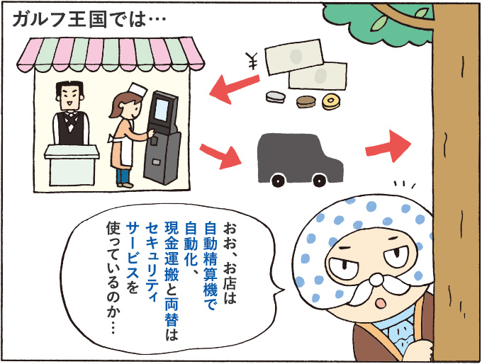 ３コマ目：ガルフ王国では…「おお、お店は自動精算機で自動化、現金運搬と両替はセキュリティサービスを使っているのか…」