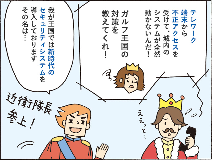 ２コマ目：「テレワーク端末から不正アクセスを受けて、城内のシステムが全然動かないんだ！ガルフ王国の対策を教えてくれ！」近衛隊長参上！「我が王国では新時代のセキュリティシステムを導入しております。その名は…」