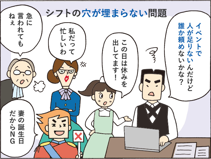 １コマ目：シフトの穴が埋まらない問題 「イベントで人が足りないんだけど誰か頼めないかな？」「この日は休みを出してます！」